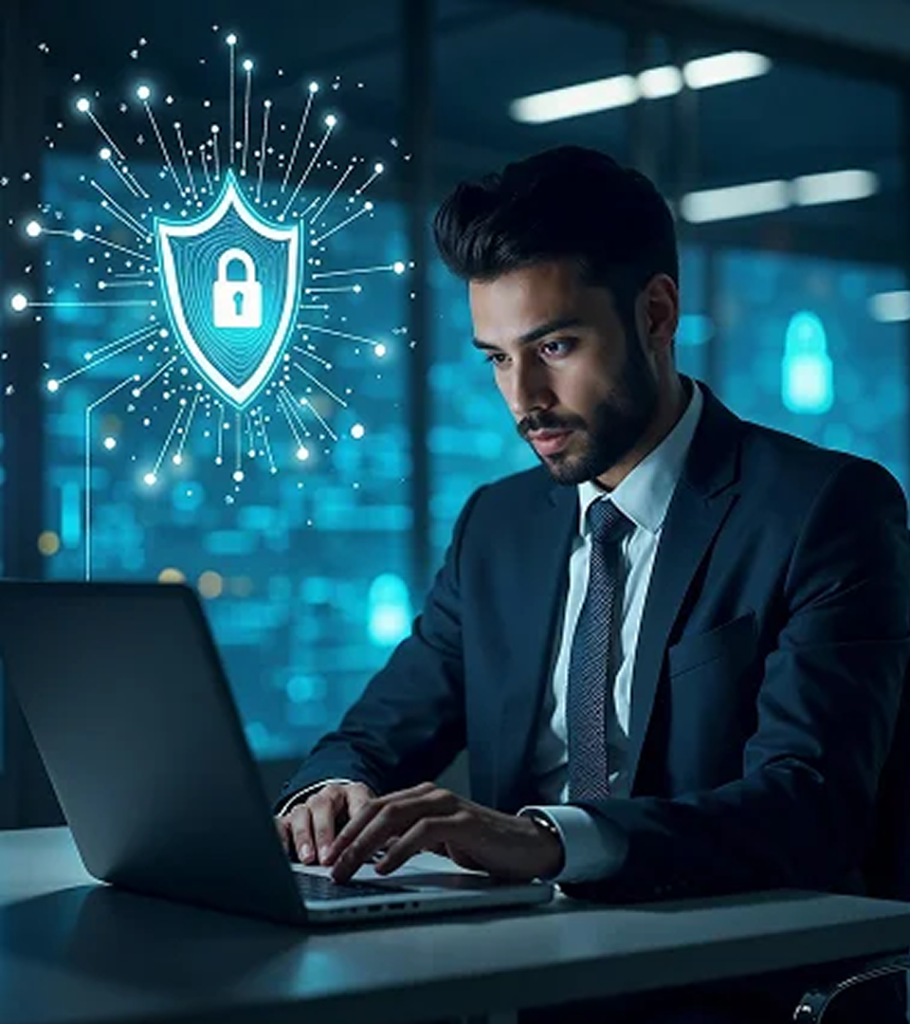 Businessman Working on Laptop with Cybersecurity and Data Protection